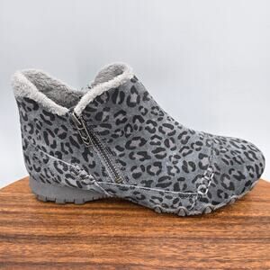 Skechers Boots Womens 6.5 M Gray Leopard Print Leather Side Zip Faux Fur Lined